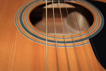 Acoustic six-string guitar close-up. Suitable for background.