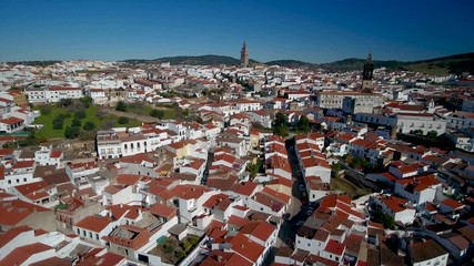 Aerial. Historic Spanish village Jerez de los Caballeros filmed from the sky
