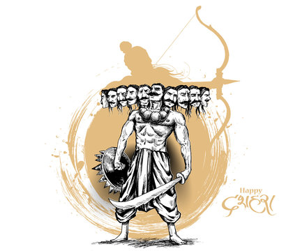 Dussehra celebration - Angry Ravana with ten heads, Hand Drawn Sketch Vector illustration.