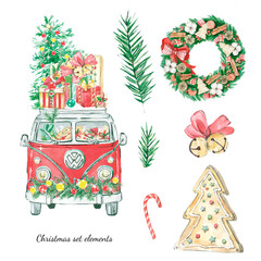 Watercolor Chrisеmas element set. Hand draw buss, tree, toys, Christmas decorations, gift boxes.