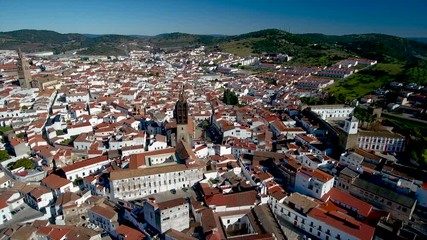 Aerial. Historic Spanish village Jerez de los Caballeros filmed from the sky