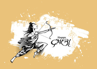 Lord Rama with arrow killing Ravana in Navratri festival of India poster with hindi text Dussehra, Vector illustration.