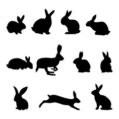 Isolated rabbits on the white background. Animals silhouettes.Vector EPS 10