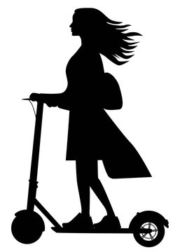 recommend clip art: Black silhouette of a girl who rides a scooter. Transport for the city and leisure. Sports transport for one person.