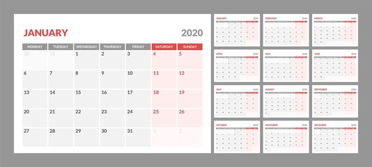 Wall calendar for 2020 year in clean minimal style. Week Starts on Monday. Set of 12 Months.