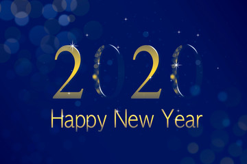 Fototapeta na wymiar Happy New Year 2020 - New Year Shining background with gold bokeh and glitter on blue background.
