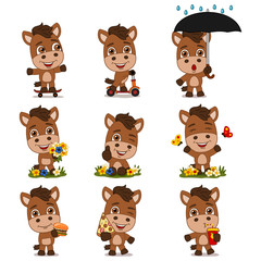 Set of funny horse riding, in summer meadow and with fast food, isolated on white background