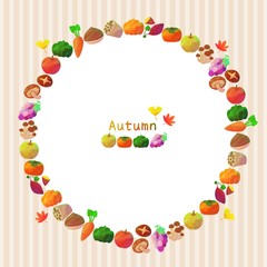 秋のフレーム（丸枠）　秋野菜　フルーツ　紅葉　水彩風　縦縞