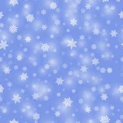 Naklejka na ściany i meble Winter background with white snowflakes on sky blue backdrop. Concept of Merry Christmas and Happy New Year holidays. Realistic snowfall for decoration and covering vector illustration.