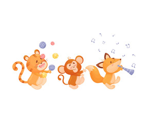 Cartoon tiger, monkey, foxes in the parade. Vector illustration on a white background.