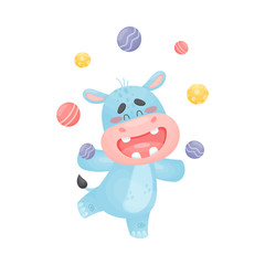 Cartoon hippo juggler. Vector illustration on a white background.