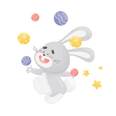 Cartoon hare juggler. Vector illustration on a white background.