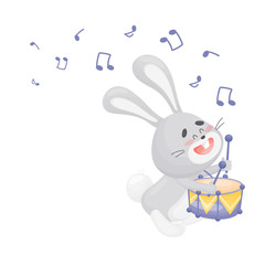 Cartoon hare with a drum. Vector illustration on a white background.