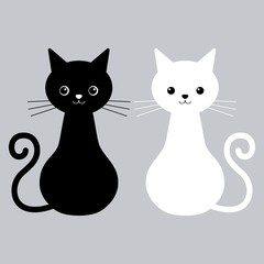 Vector illustration of couple cats black and white colors. Love story cats