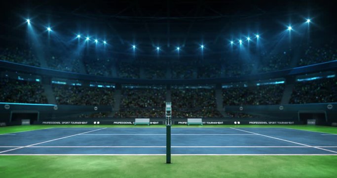 Illuminated tennis blue court before the game in a hall full of fans, professional tennis sport 4k animation loop background