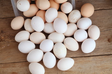 Fresh farm chicken eggs on the counter.