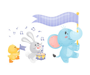 Cartoon duckling, hare and elephant in the parade. Vector illustration on a white background.