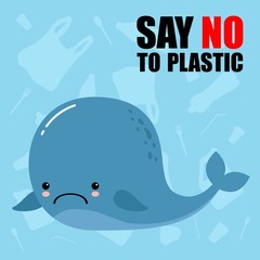 Plastic Pollution in the sea. Cute cartoon sad whale. Ecological blue poster, paper art and digital crafts style. seagull sitting on Flowing Plastic Bottle. Say no to plastic