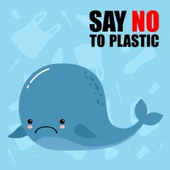 Rucksack Plastikverschmutzung im Meer. Trauriger Wal der netten Karikatur. Ökologisches blaues Poster, Papierkunst und digitaler Handwerksstil. Möwe sitzt auf fließender Plastikflasche. Sag nein zu Plastik © YuliaR