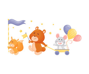 Cartoon squirrel, bear and mouse at the parade. Vector illustration on a white background.