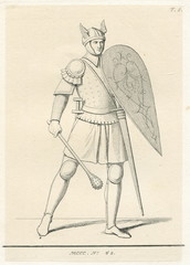 Fototapeta na wymiar Legionnaire Mace Dubin Shestoper Sword Shield Centurion Legion Rome Gladiator Engraving 1845