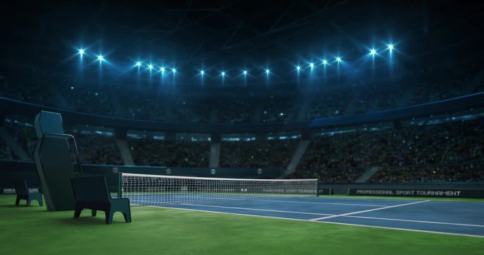 Lighting the tennis blue court before the game in the hall full of fans, professional tennis sport 4k animation loop background