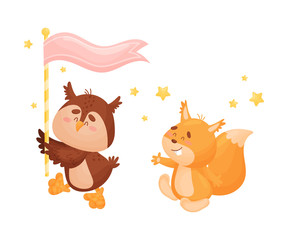 Cartoon owl and squirrel on parade. Vector illustration on a white background.