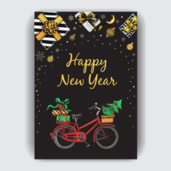 Vector hand drawn Card of happy new year. Ivite for Christmas party with transport of Santa Claus.