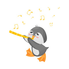 Cartoon penguin with flute. Vector illustration on a white background.