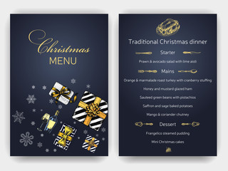 Vector illustration sketch christmas menu. Holiday banner. Template with hand drawn Decorations graphic. Happy New Year Card.