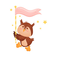 Cartoon owl with a flag. Vector illustration on a white background.