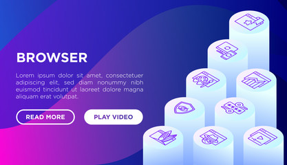 Browser presentation web page template with thin line isometric icons: add-ons, extension, customize browser, sync between devices, private, ad blocking, password manager. Vector illustration