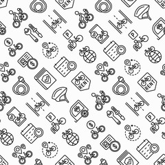 Cotton fabric Bike rental seamless pattern with thin line icons: rates, bicycle tours, pet trailer, padlock, helmet, child seat, sharing, pointer, deposit, mobile app, cycling route. Modern vector illustration.