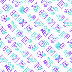 Express delivery seamless pattern with thin line icons: parcel, truck, out for delivery, searching of shipment, courier, sorting center, dispatch, registered, delivered. Modern vector illustration.