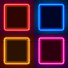 Neon frame sign in the shape of a square. Set color. template design element.