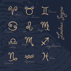 Fototapeta na wymiar Vector set of hand-drawn zodiac signs icons on various backgrounds.