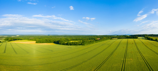 Panorama sur la campagne française et une forêt au milieu des champs