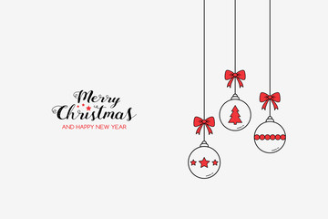 Simple Christmas greeting card with hanging balls and wishes. Xmas decoration. Vector