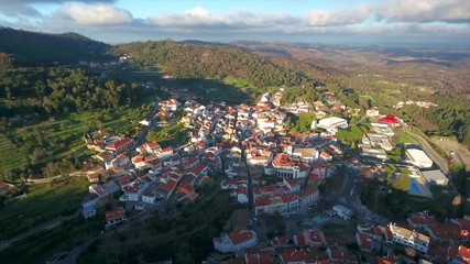 Aerial. Old historic village in mountains of southern Portugal, Monchique. Video Shooting from sky with a drone.