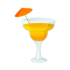 Yellow cocktail in a glass goblet on a high leg. Vector illustration on a white background.
