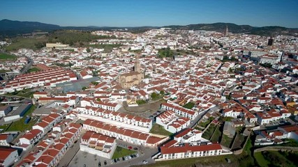 Aerial. Historic Spanish village Jerez de los Caballeros filmed from the sky