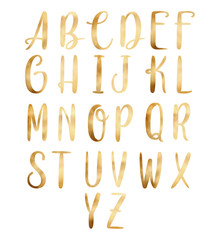 Hand drawn english calligraphic alphabet with gold texture. Each letter isolated on a white background. 