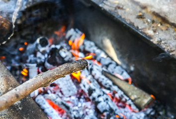 Fire burning from wood. Real flame. Place for barbecue. Ecological natural fuel. Black charcoal.