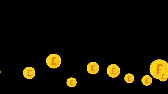 Golden Sterling Pound coins flux moving in slow motion. 4k animation with alpha transparency. Currency background for stock market, finance, banking, forecasting, economic, business video.