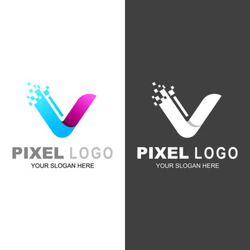 letter v icon, technology smart logo, computer and data related business, electronic logo vector, pixel logo