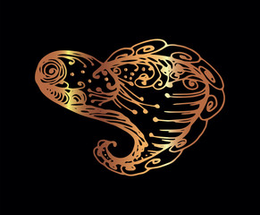 Golden heart for Valentine's day. Hand-drawn vector isolated illustration on black background.