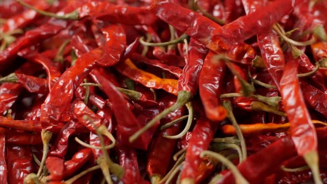 Pan shot of falling dried red chilies - Lal Mirch (Hot Indian Spice). 