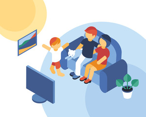 Isometric familytime together watching tv icons