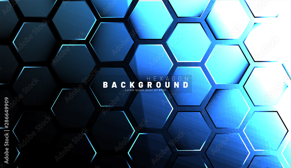 Wall mural abstract hexagon blue neon gradient pattern on a dark background technology style. honeycomb. vector