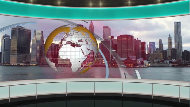 22HD News TV Virtual Studio Green Screen Background Green Yellow Globe Cityscape